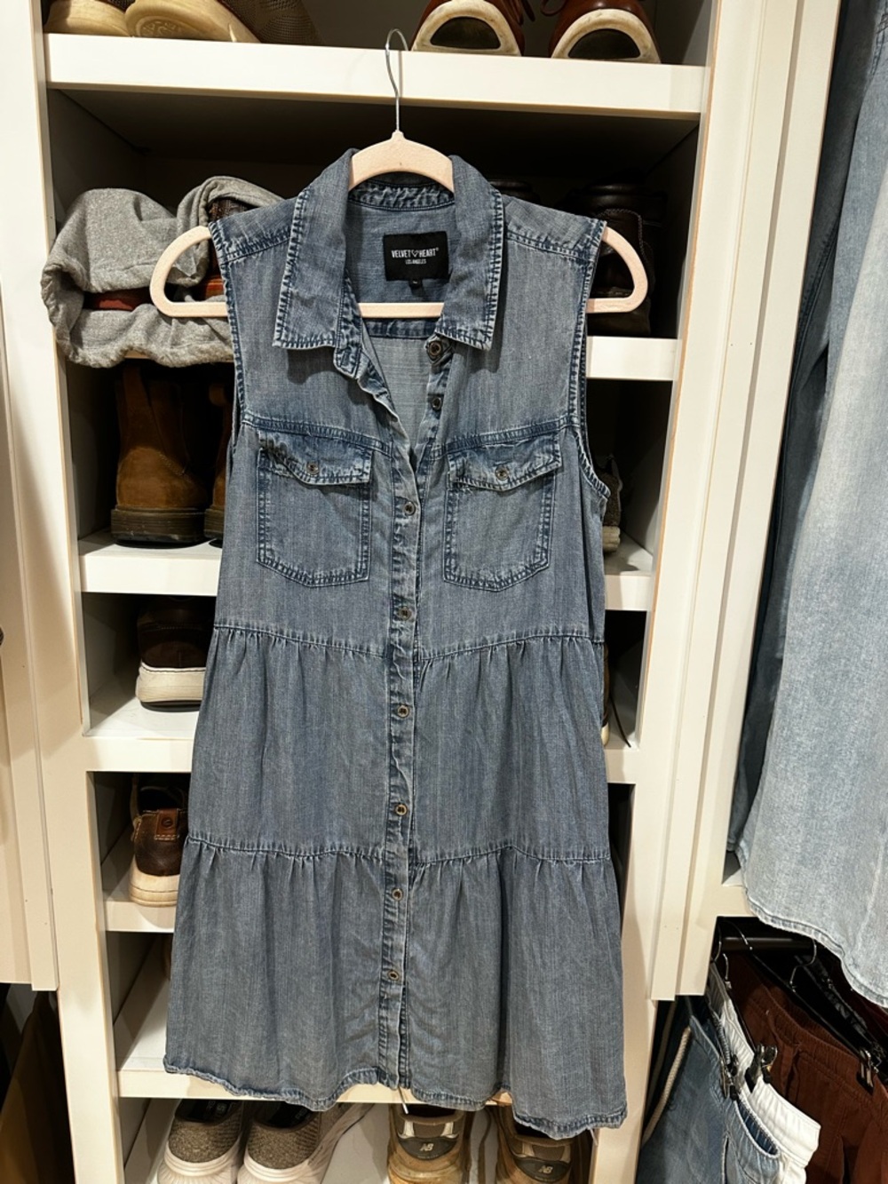 Velvet Heart Sleeveless Denim Tiered Midi Dress - Light Blue